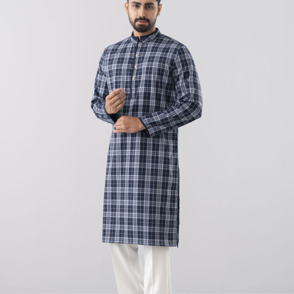 Premium Checkered Panjabi - Navy & White